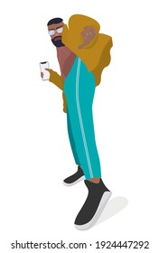 Stylish and fashionable young man holding smartphone. Checking social media and talking on phone. Modern flat character vector. 