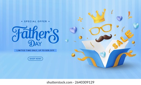 Stylish Fathers Day promotional poster featuring celebratory icons, a crown, and an offer highlight, emphasizing festive joy and gifting creativity.