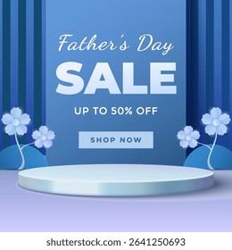 Stylish Fathers Day sale banner with a blue color scheme, floral accents, and promotional text for discounts. An elegant design ideal for marketing and festive celebrations.