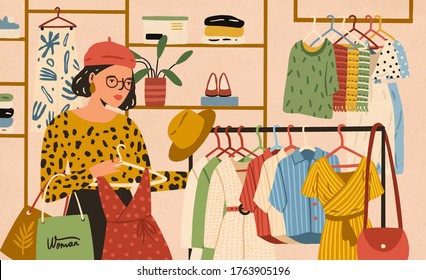 Stylish female choosing clothes in boutique vector flat illustration. Fashionable woman buyer holding apparel on hanger. Trendy girl enjoying shopping at store. Shopaholic person at shop interior