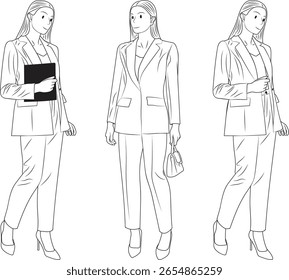 Elegante executiva feminina segurando uma pasta, empresária segurando bolsa. Ilustração da mulher em estilo de arte em linha.
