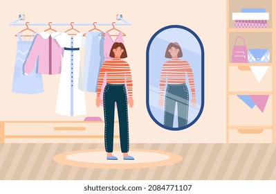 Stylish female in front of mirror. Girl tries on clothes and accessories, creating image for walking. Home wardrobe. Boutique, store, market. Interior elegance retail. Cartoon flat vector illustration