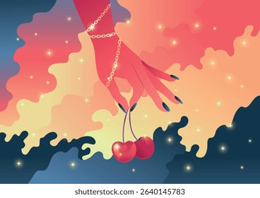 Stylish Female Hand Holding Cherries in Pop Art Vaporwave Aesthetic	