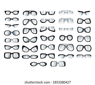 Stylish female optical. Set of sunglasses in black frames in a flat style isolated on a white background. Eyeglasses set vector illustration. Vintage, classic, modern style glasses rim silhouette. 