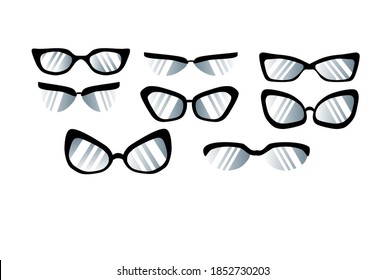 Stylish female opticalin the form of " cat's eyes".Set of sunglasses in black frames in a flat style isolated on a white background.Eyeglasses vector illustration.Vintage style glasses rim silhouette.