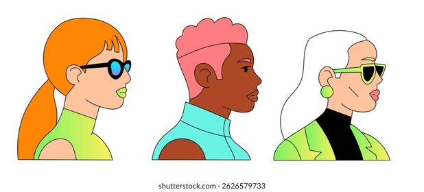 Stylish female portraits in profile with bold fashion and accessories