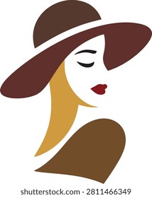 Stylish female side-profile illustration featuring a wide-brim brown hat, golden flowing hair, closed eye, red lips, and elegant clothing. Perfect for fashion boutiques, beauty salons, cosmetics, skincare, luxury branding, posters, stickers, and feminine designs.
