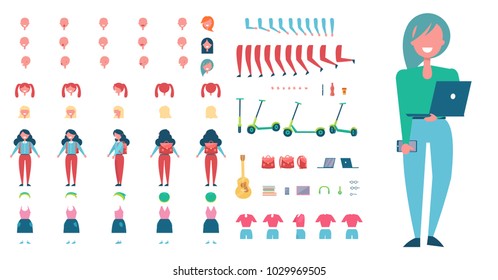 Stylish female student constructor with modern laptop, spare clothes, body parts and useful accessories isolated cartoon vector illustrations set.