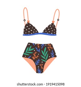 Stylish female swimsuit. Fashionable women swimwear with floral pattern on panties and polka dot on triangle cups. Bikini top and bottom. Flat colored vector illustration isolated on white background