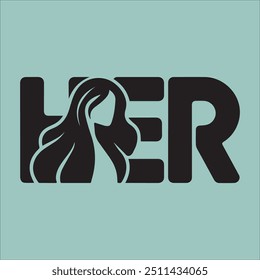 Um logotipo elegante e feminino com a palavra "HER" ao lado do rosto de uma garota e cabelo fluido, perfeito para marcas de beleza, moda ou empoderamento feminino.