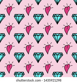Stylish feminine seamless pattern drawn by hand. Cute print with repeating diamonds and hearts. Doodle. Girly vector illustration.