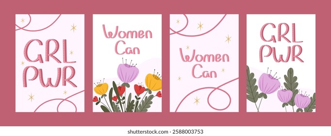 Stylish feminist postcards with hand-drawn typography, delicate floral elements and empowering messages. Cute vector postcards collection in solidarity feminist movement concept. For banners, flyers.