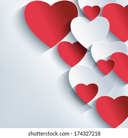 Stylish festive creative abstract background, cut paper 3d red and gray heart. Stylish Valentines Day background with hearts. Love card for Valentines day. Vector illustration.