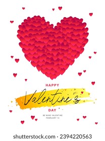 Stylish festive greeting card for Valentine's Day. Beautiful calligraphy. Big red heart consisting of many small hearts. Vector illustration on a white background.