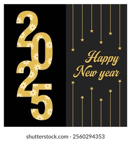 Stylish and festive New Year card featuring golden 2025 and text on a dark background, perfect for celebratory occasions and holiday greetings. Flat vector modern illustration 