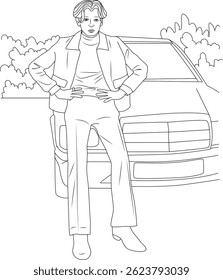 Stylish Figure in 70s Fashion Line Art, Black and white line drawing featuring a person confidently posing in 1970s style clothing, including a jacket and flared pants, standing in front of a