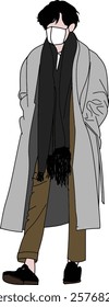 Stylish Figure Illustration Wearing Long Coat and Protective Face Mask.