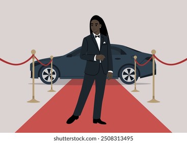 Una figura elegante se encuentra confiada en la alfombra roja, lista para recibir a los invitados junto a un automóvil de lujo en un glamuroso evento nocturno