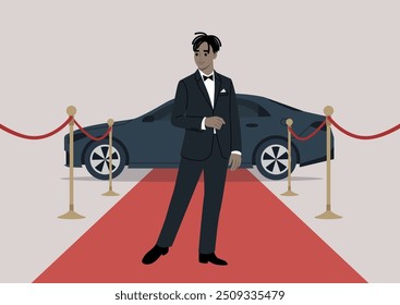 Uma figura elegante fica confiantemente no tapete vermelho, pronta para receber os hóspedes ao lado de um carro de luxo em um evento noturno glamouroso