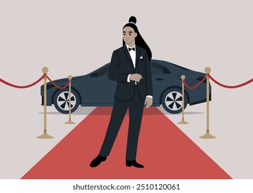 Uma figura elegante fica confiantemente no tapete vermelho, pronta para receber os hóspedes ao lado de um carro de luxo em um evento noturno glamouroso