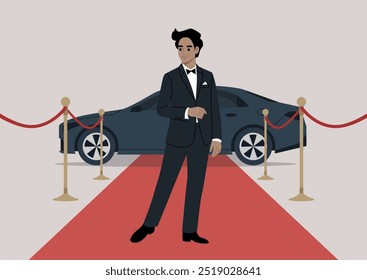 A stylish figure stands confidently on the red carpet, ready to greet guests beside a luxury car at a glamorous evening event