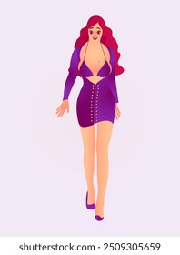 Figura elegante passeando em uma roupa roxa moderna: Urban Chic. Mulher Glamurosa com Cabelo Longo em um ícone de moda de conjunto roxo na moda.