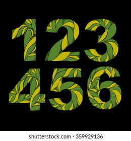 Stylish figures with green summer herbal ornament. Beautiful numbers set with floral pattern, 1, 2, 3, 4, 5, 6.