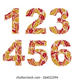 Stylish figures with herbal ornament. Beautiful numbers with floral pattern, 1, 2, 3, 4, 5, 6.