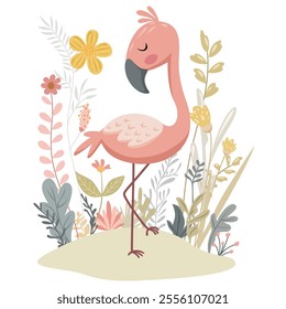 A stylish flamingo illustration surrounded by delicate flowers and foliage in a soft pastel color palette, vector illustration.