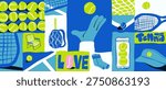 Stylish flat banner illustration collage featuring tennis-themed elements such as tennis balls, rackets, court nets, sports bag, cap, socks, and tennis equipment. The fresh green and pink color palette with hand-drawn shapes creates a playful modern sports composition. Ideal for tennis clubs, sports branding, athletic apparel, posters, and active lifestyle designs.