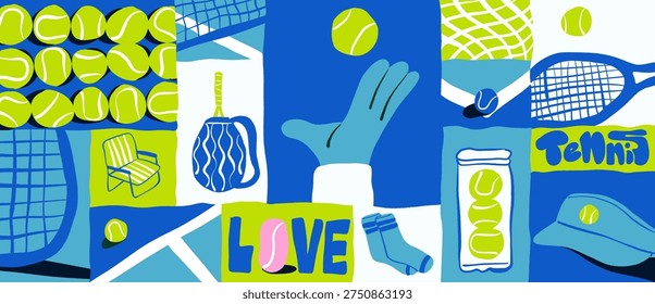 Stylish flat banner illustration collage featuring tennis-themed elements such as tennis balls, rackets, court nets, sports bag, cap, socks, and tennis equipment. The fresh green and pink color palette with hand-drawn shapes creates a playful modern sports composition. Ideal for tennis clubs, sports branding, athletic apparel, posters, and active lifestyle designs.