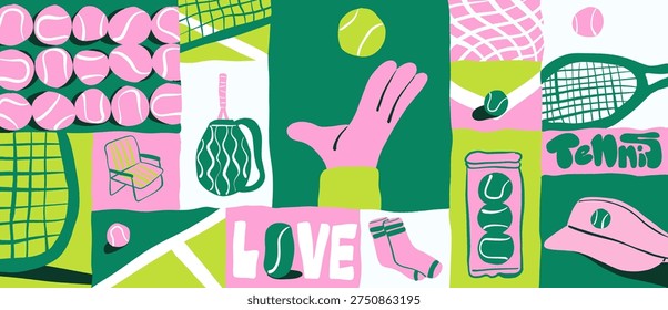 Stylish flat banner illustration collage featuring tennis-themed elements such as tennis balls, rackets, court nets, sports bag, cap, socks, and tennis equipment. The fresh green and pink color palette with hand-drawn shapes creates a playful modern sports composition. Ideal for tennis clubs, sports branding, athletic apparel, posters, and active lifestyle designs.