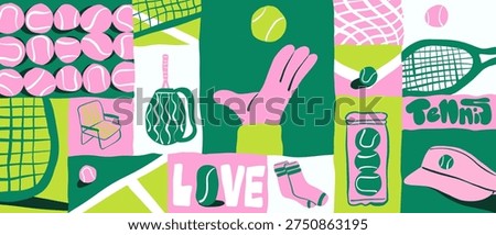 Stylish flat banner illustration collage featuring tennis-themed elements such as tennis balls, rackets, court nets, sports bag, cap, socks, and tennis equipment. The fresh green and pink color palette with hand-drawn shapes creates a playful modern sports composition. Ideal for tennis clubs, sports branding, athletic apparel, posters, and active lifestyle designs.