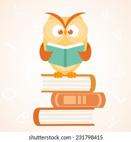 Stylish flat beautiful and cute owl sitting on of books and reads