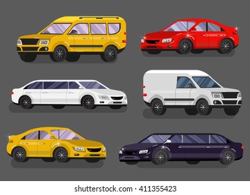 Stylish flat Car. Transport car Symbols collection, limousine black and white, family car, sedan and truck.