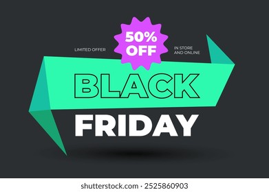 Stylish flat design Black friday advertising banner with green forms and purple sticker 50% off on the dark gray background