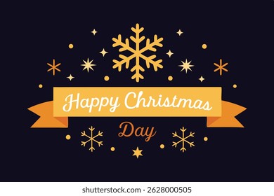Stylish flat design Christmas web banner featuring snowflakes and golden "Happy Christmas Day" text on a black background. Perfect for festive promotions, websites, and seasonal greetings.