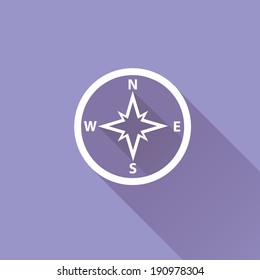 stylish flat design Compass vector Icon with long shadow on stylish violet background. navigation and traveling sign. travel icon