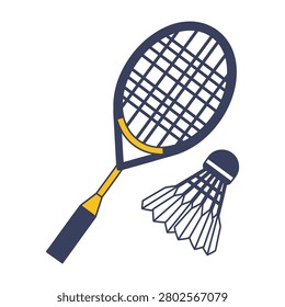 A stylish flat design icon featuring a badminton racket and a shuttlecock. Perfect for sports websites, tournament branding, fitness apps, and athletic equipment ads.
