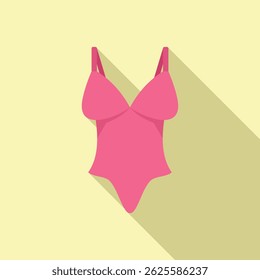 Stylish flat design of a pink one piece swimsuit cast with a soft shadow on a pastel yellow background