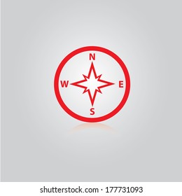 stylish flat design red Compass vector Icon with reflection on grey abstract background. navigation and traveling sign. travel icon