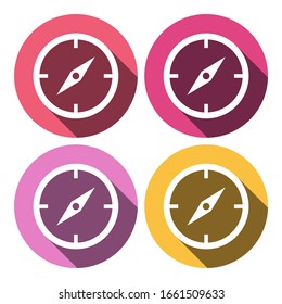 stylish flat design white Compass vector Icon with long shadow on colours circles. navigation and traveling sign. travel icon