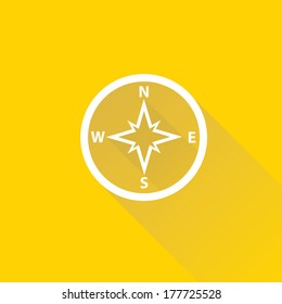 stylish flat design white Compass vector Icon with long shadow on orange  abstract background. navigation and traveling sign. travel icon