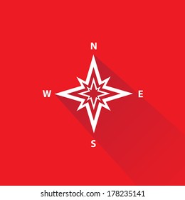 stylish flat design white Compass vector Icon with long shadow on red abstract background. navigation and traveling sign. travel icon