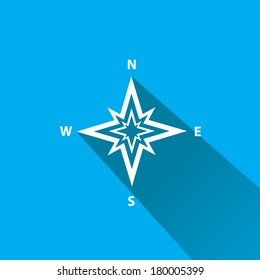 stylish flat design white Compass vector Icon with long shadow on blue abstract background. navigation and traveling sign. travel icon