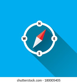 stylish flat design white Compass vector Icon with long shadow on blue abstract background. navigation and traveling sign. travel icon