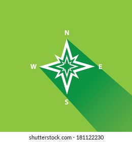 stylish flat design white Compass vector Icon with long shadow on green abstract background. navigation and traveling sign. travel icon