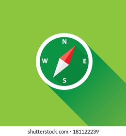 stylish flat design white Compass vector Icon with long shadow on green abstract background. navigation and traveling sign. travel icon