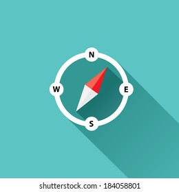 stylish flat design white Compass vector Icon with long shadow on stylish turquoise background. navigation and traveling sign. travel icon