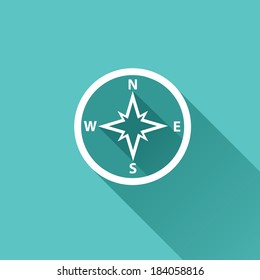 stylish flat design white Compass vector Icon with long shadow on stylish turquoise background. navigation and traveling sign. travel icon